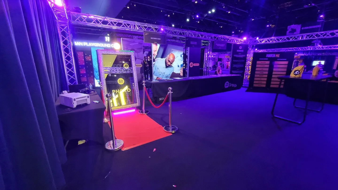 Magic mirror at JD corporate event with purple lighting